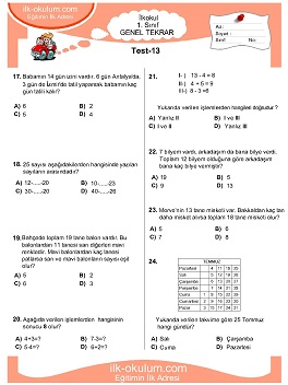 ilkokul 1. Sınıf Genel Tekrar Testleri 